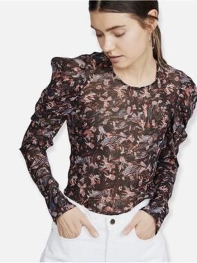 IRO Paris Black Sheer Floral Print Blouse EU 38 Keyhole Back